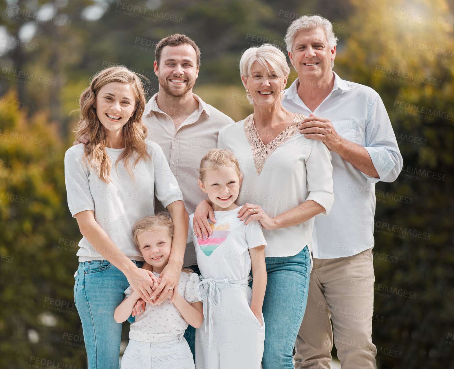 Buy stock photo Portrait of big family in park together with smile, grandparents and parents with kids in backyard. Nature, happiness and men, women and children in garden with love, support and outdoor bonding.