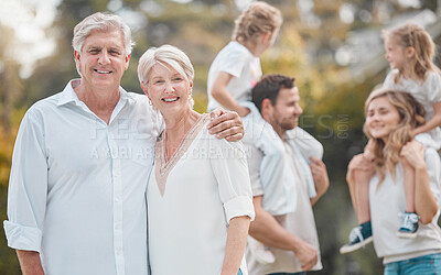 Buy stock photo Portrait of old couple in park together with big family, grandparents and parents with kids in backyard. Nature, happiness and men, women and children in garden with love, support and outdoor bonding