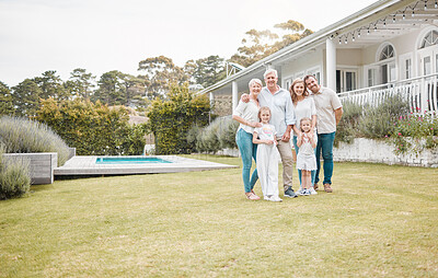 Buy stock photo Portrait, real estate and a family in the garden of their new home together for a visit during summer. Children, parents and happy grandparents in the backyard for property investment with space