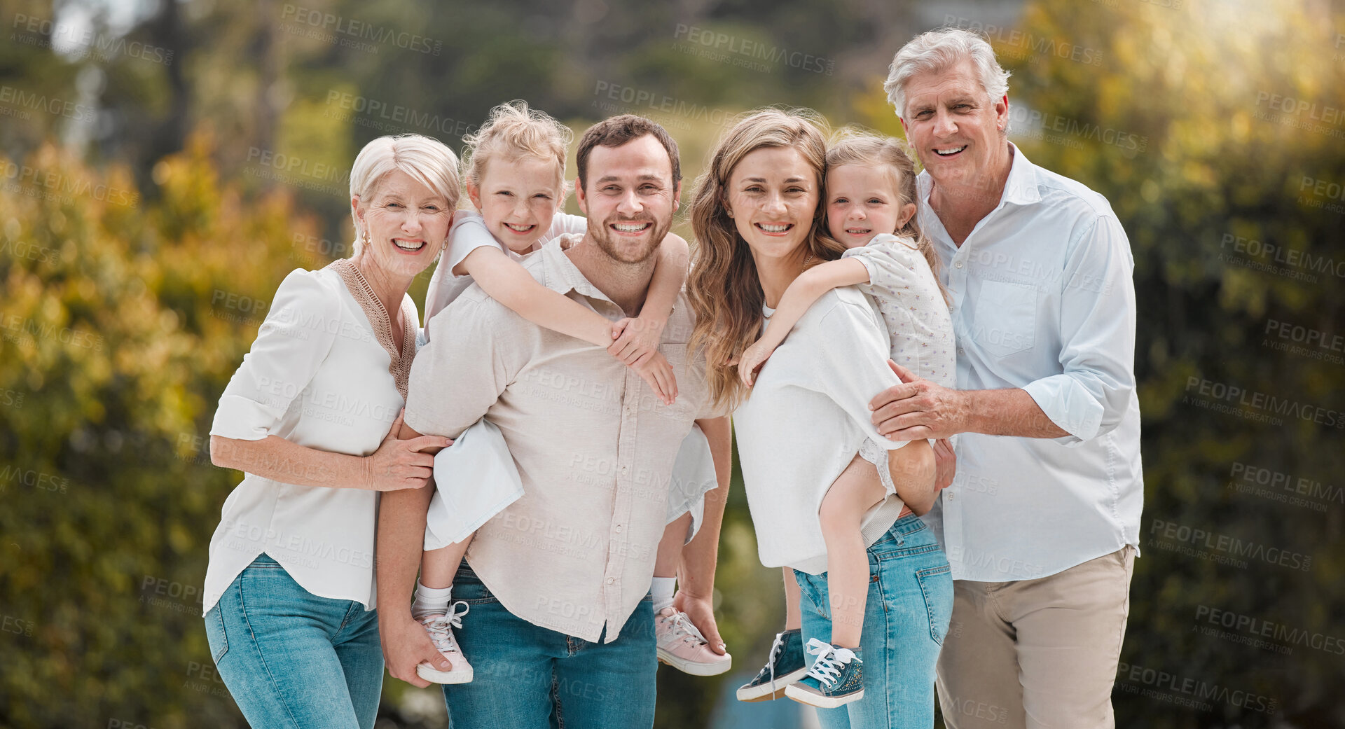 Buy stock photo Portrait of big family in park with grandparents and parents with kids in backyard together. Nature, happiness and men, women and children with smile in garden with love, support and outdoor bonding.