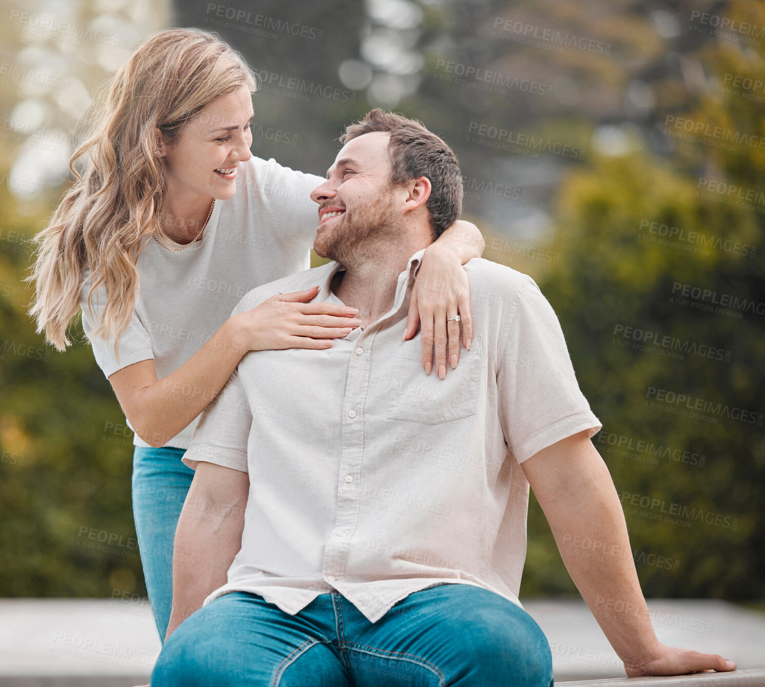 Buy stock photo Outdoor, hug and couple with love, smile and relax with happiness, bonding together and weekend break. Outside, man and woman with joy, marriage and embrace with relationship, cheerful and support