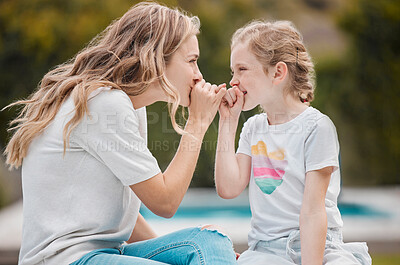 Buy stock photo Family, secret or pinky promise with a mother and daughter outdoor in their garden or backyard together. Smile, love or happy with a young woman and her girl child at home to whisper for gossip