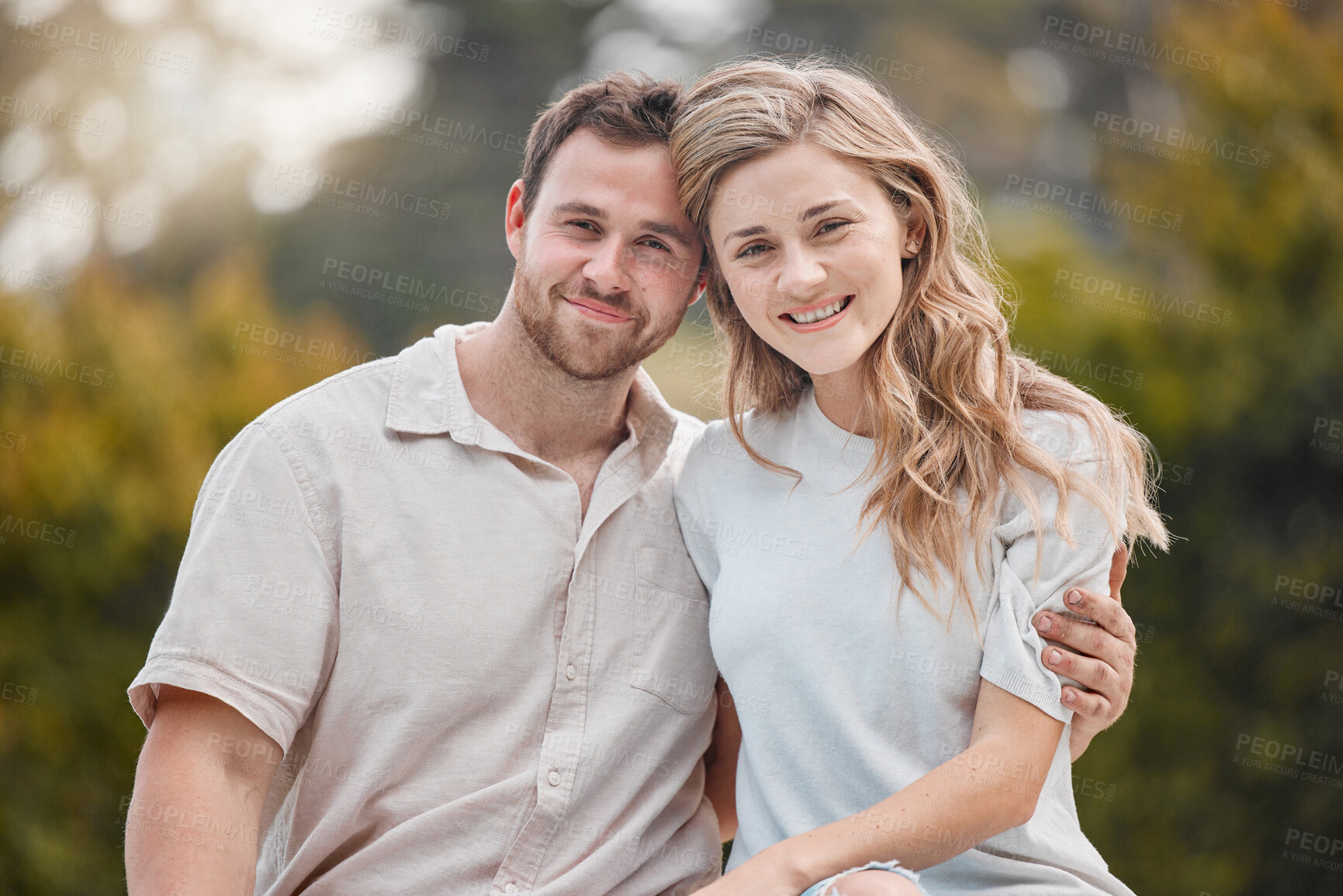 Buy stock photo Happy couple, smile and embrace with portrait in garden, backyard or outdoors with hug for love. Man, woman and excitement on face for bond, care and support for romance, marriage or relationship