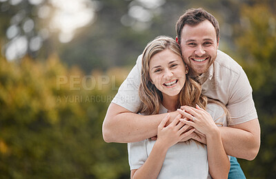Buy stock photo Happy couple, hug or embrace with portrait in backyard, garden or outside with love, care and support for bond. Man, woman and smile with excited expression for marriage, romance and relationship