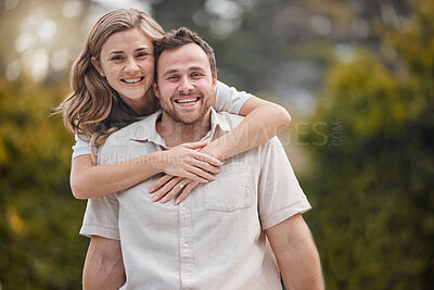 Buy stock photo Happy couple, piggyback and woman with embrace with portrait in backyard, garden or outside by love in bond. People, man and wife in smile for memory, nostalgia or together with care for relationship