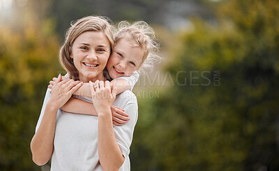 Buy stock photo Nature, hugging and portrait of child with mother in an outdoor garden bonding together. Happy, smile and girl kid embracing her young mom from Canada with love and care in the park or field.