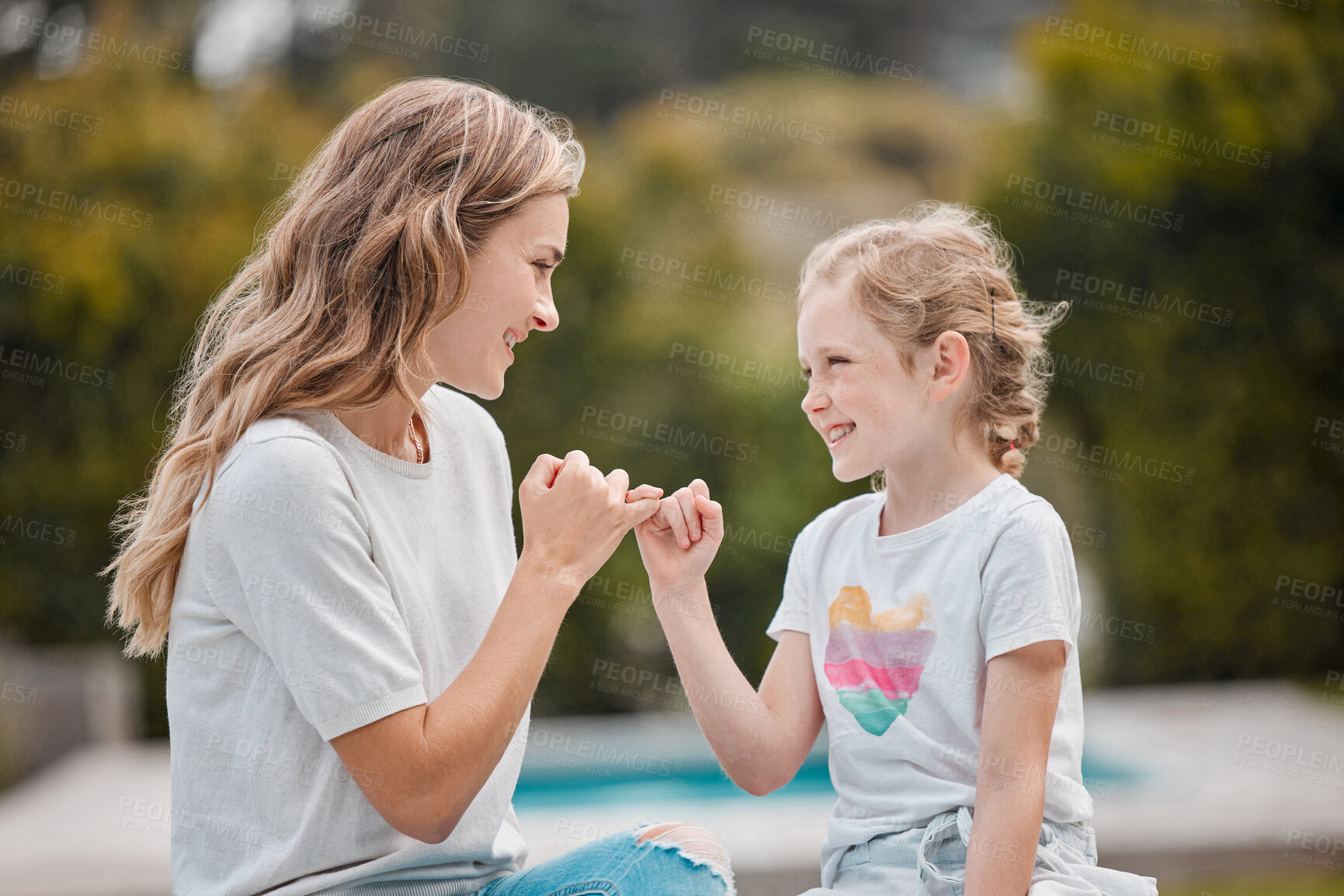 Buy stock photo Outdoor, swear and mother with girl, pinky promise and relax with happiness, bonding or commitment link. Family, mama or kid with hand gesture, support or love in a park, secret or nature with trust