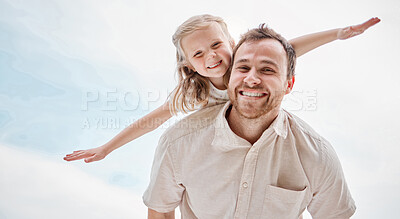 Buy stock photo Portrait, child and father playing as a plane outdoor in summer, blue sky and together in game. Bonding, dad and kid flying on shoulder with freedom on vacation, holiday or weekend with a smile