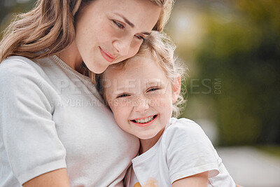 Buy stock photo Nature, hugging and portrait of kid with mother in outdoor garden bonding together in summer. Happy, smile and girl child embracing her young mom from Canada with love and care in the park or field.