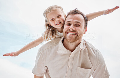 Buy stock photo Portrait, child and father playing as a plane outdoor in summer, blue sky and happiness together. Bonding, dad and kid flying on shoulder with freedom on vacation, holiday or weekend with a smile