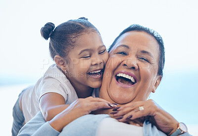 Buy stock photo Love, hug and happy child, grandmother and young girl support, care or smile with trust and relax grandma. Blue sky, family hugging and senior face of old woman bonding, freedom and laughing with kid