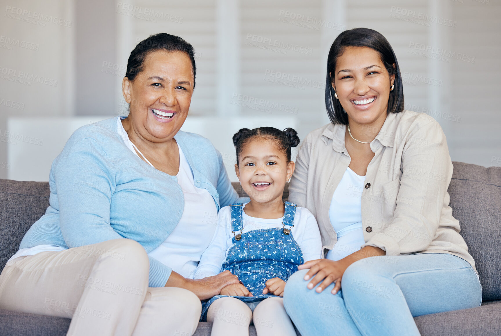 Buy stock photo Woman, happy family and generations in portrait on sofa with smile for memory, milestone or growth. Grandma, mom and little girl in living room for love, support or together by care for relationship