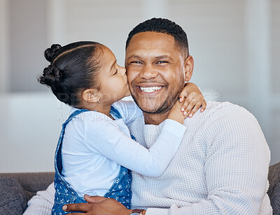 Buy stock photo Portrait, kiss and happy child hug dad, family or papa care, support and smile for young girl, youth or daughter. Lounge couch, face and home affection for Fathers Day bonding, love and embrace kid
