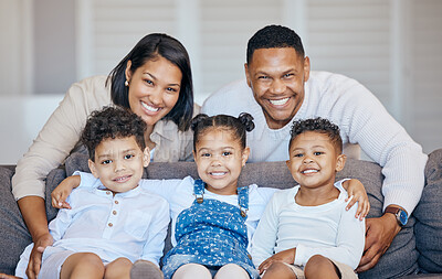Buy stock photo Portrait, happy family and together with smile on couch for relaxing, peace and break in home. Parents, kids or siblings on sofa with love, care and trust in bond for childhood, memory or milestone