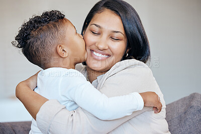 Buy stock photo Hug, kiss and happy family kid, mom and mama care, support and smile for young youth boy on home living room couch. Security, affection and Costa Rica mother bonding, trust and love embrace for child