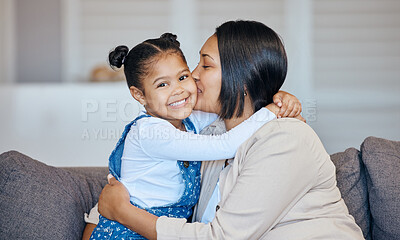 Buy stock photo Portrait, kiss and happy child hug mom, parent or mama care, support and happiness for young girl, youth or daughter. Living room couch, home affection and Mothers Day bonding, love and embrace kid