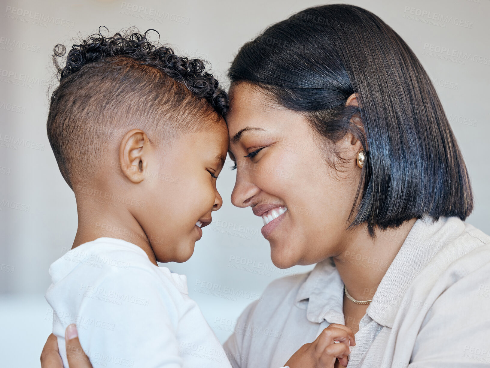 Buy stock photo Kid, forehead touch and happy family mom, mama or woman care, support and young boy in Mexico vacation home. Youth son, face profile and Mothers Day bond, smile or Mexican parent connect with child