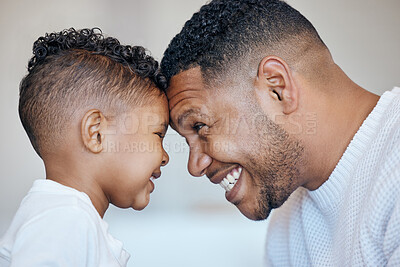 Buy stock photo Child, forehead touch and happy family dad, papa or Costa Rica man care, support and home happiness for young boy. Youth son, face profile and Fathers Day bonding, smile or parent connect with kid