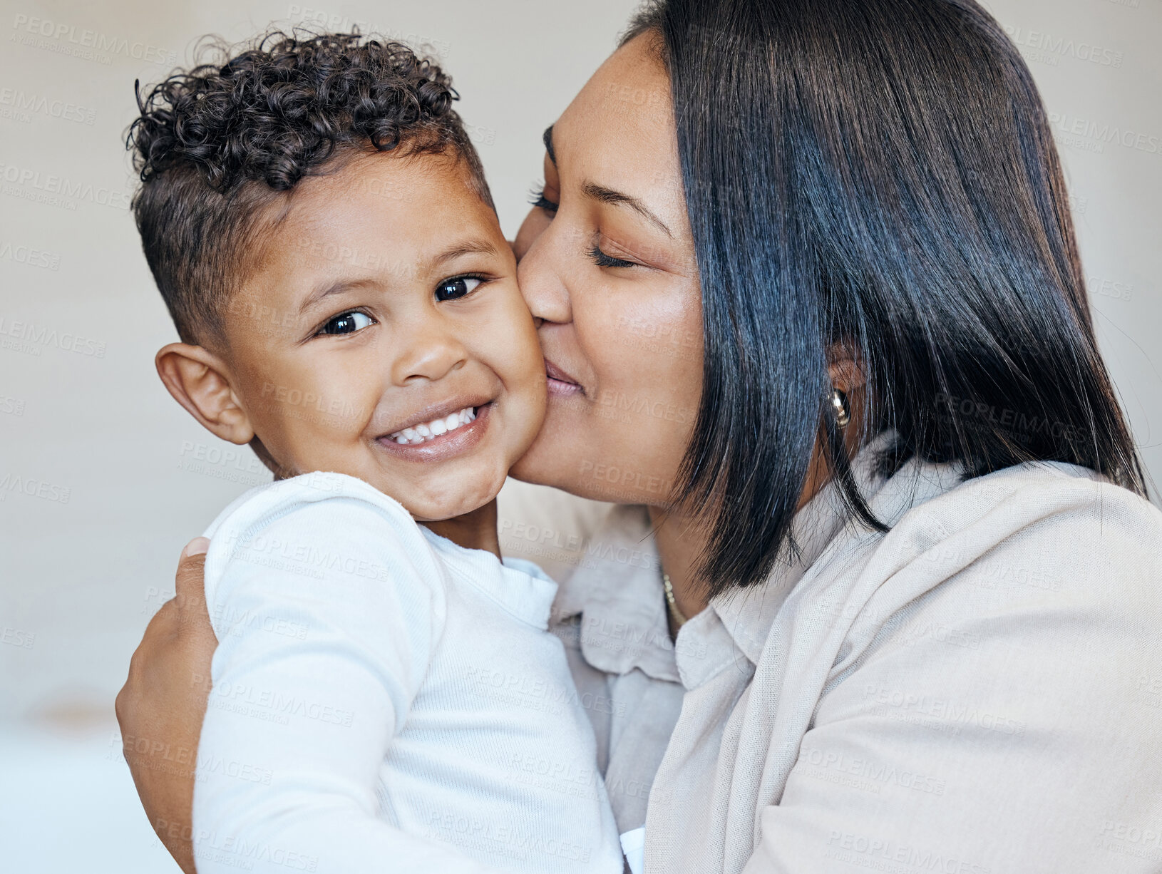 Buy stock photo Portrait, kiss and happy family kid, mom and mama care, support and smile for young boy in Mexico vacation home. Security, affection and face of Mexican mother bonding, trust and love for youth child