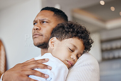 Buy stock photo Father, son and sleeping on couch with worry, fatigue and comfort care in mental health in home. Little boy, man and relax on sofa with tired child, love support and wellness with thinking in house
