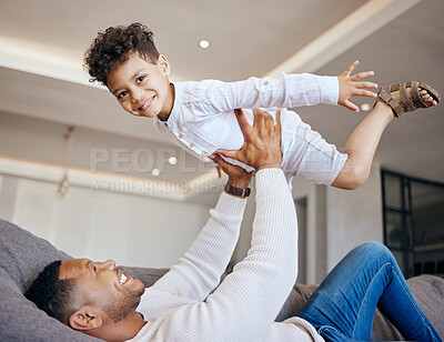 Buy stock photo Dad, child and airplane play on couch, fun and bonding in childhood, love and smile for freedom. Happy, father and son at home, flying and portrait or support, joy and excited for fantasy game