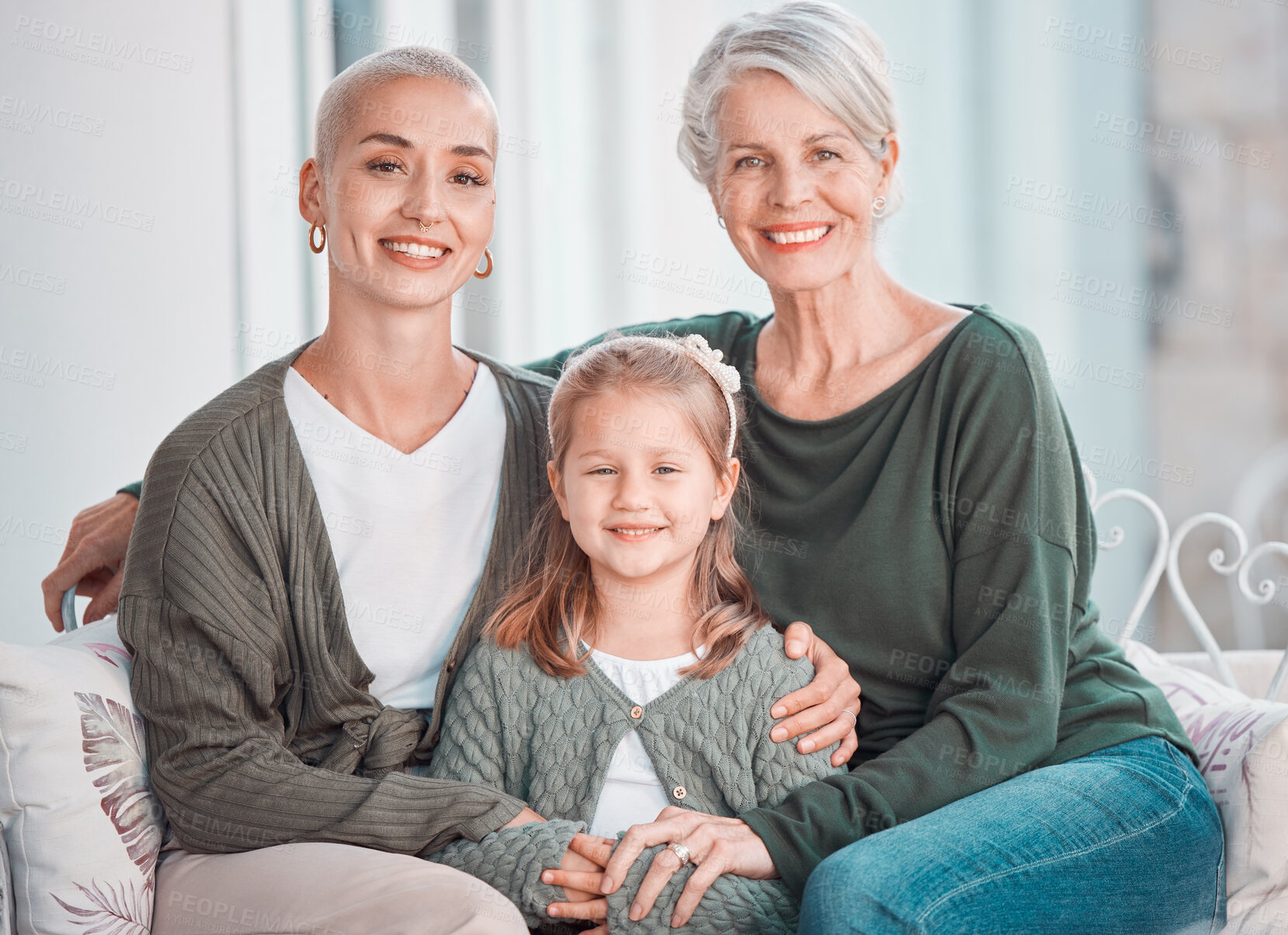 Buy stock photo Mother, grandmother and daughter on sofa, portrait and hug with love, care and bonding in lounge at family house. Mama, grandma and girl child with embrace, relax and together on living room couch