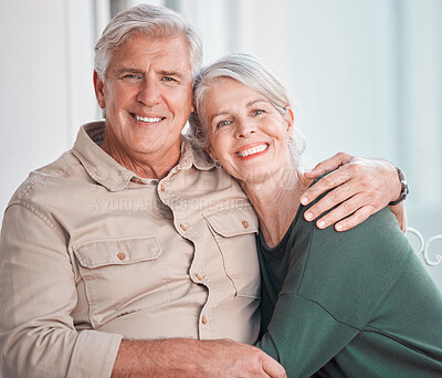 Buy stock photo Senior couple, hug and portrait on couch with smile, care and bonding with love, retirement and home living room. Happy old man, elderly woman and embrace on lounge sofa, relax and pride in apartment