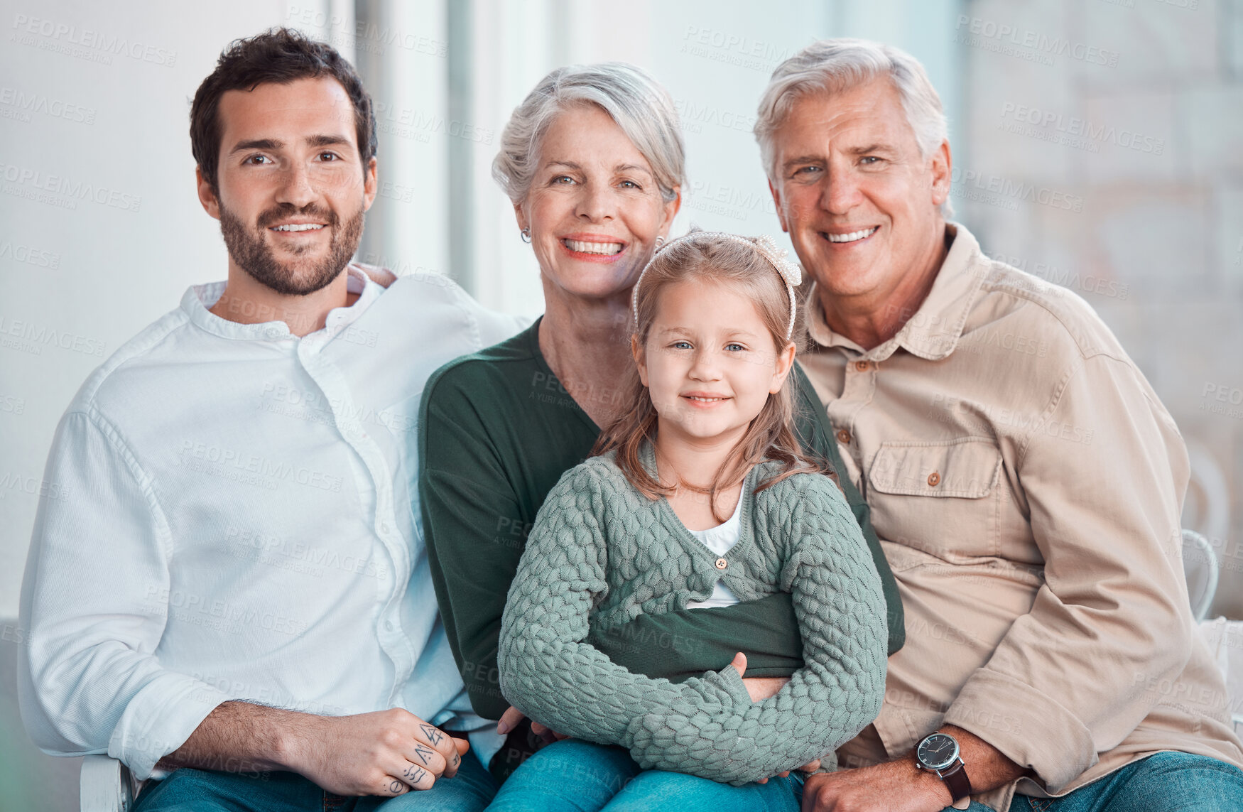 Buy stock photo Grandparents, girl and father in portrait on sofa with hug, care or bonding with love in family home lounge. Elderly people, kid and dad with smile, relax and together on living room couch in house