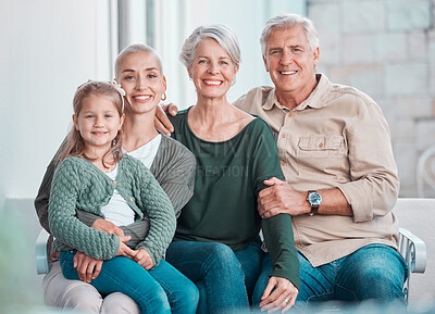 Buy stock photo Grandparents, girl and mother in portrait on couch with hug, care or bonding with love in family home lounge. Elderly people, kid and mom with smile, relax and together on living room sofa in house