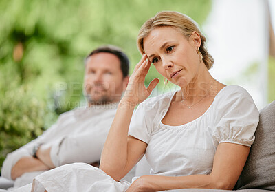 Buy stock photo Couple, ignoring and upset on fight, argument and divorce for marriage problems. People, stress and frustrated for silent treatment, couch and anxious or breakup, conflict and toxic relationship