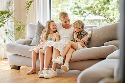 Buy stock photo Smile, happy and children with mother on a sofa relaxing in the living room of modern house. Bonding, love and young kid siblings talking, resting and sitting with mom in the lounge at home.