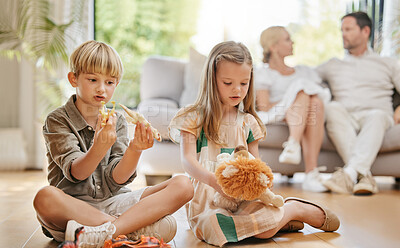 Buy stock photo Brother, sister and sibling children with toys on the floor of a living room in their home together. Family, cute boy and girl kids playing in their apartment with parents for weekend bonding