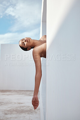 Buy stock photo Artistic, model and nude with woman or body arm in spa building window, creative or luxury aesthetic in self-love, acceptance or empowerment. Naked or person posing for wellness art, sexy or freedom