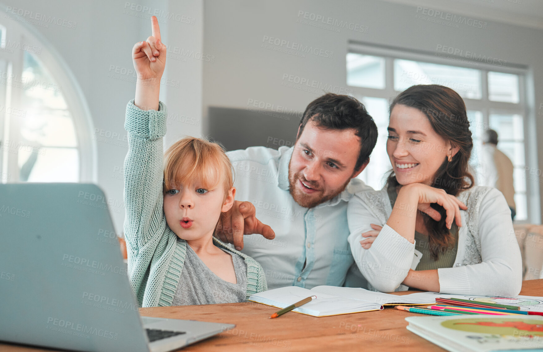 Buy stock photo Parents, child and laptop video call or distance learning, online school for question virtual class. Girl, mother or father support in education connection or knowledge, information or development