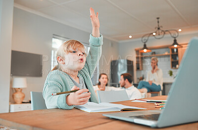 Buy stock photo Home schooling girl with her hand in the air. Cute caucasian child using a laptop to attend classes remotely. Asking and answering questions in class. Distance learning is easy with modern technology