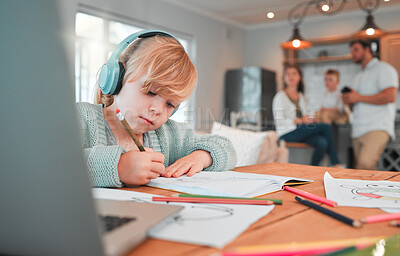 Buy stock photo Child, headphones and drawing in kitchen at laptop in home for online class, distance studying or virtual learning help.  Kid, music and study information or writing, reading or development at table