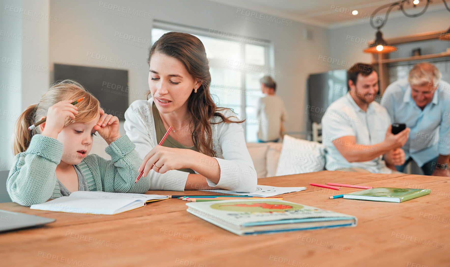 Buy stock photo Mom, girl and writing for homework with learning, development and support with advice, pencil or books. Education, mother and daughter with help for assessment, progress and growth in family house