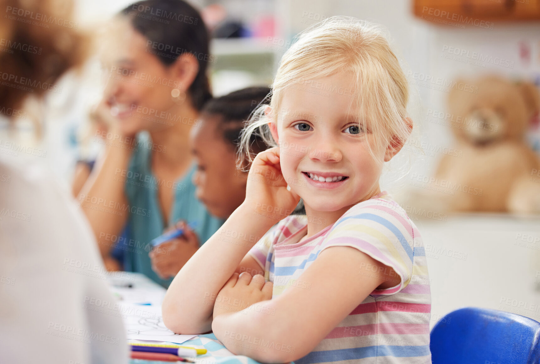 Buy stock photo Portrait, happy kid or little girl with for learning in kindergarten, daycare or classroom with friends. Youth, looking and smile for growth, future or milestone with education in child development