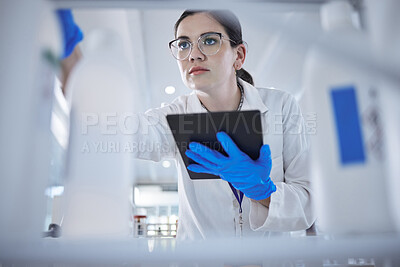Buy stock photo Woman, medical scientist and tablet in lab for test results check, future trial or science solution. Female person, digital device and thinking or review breakthrough hope, idea in biotechnology