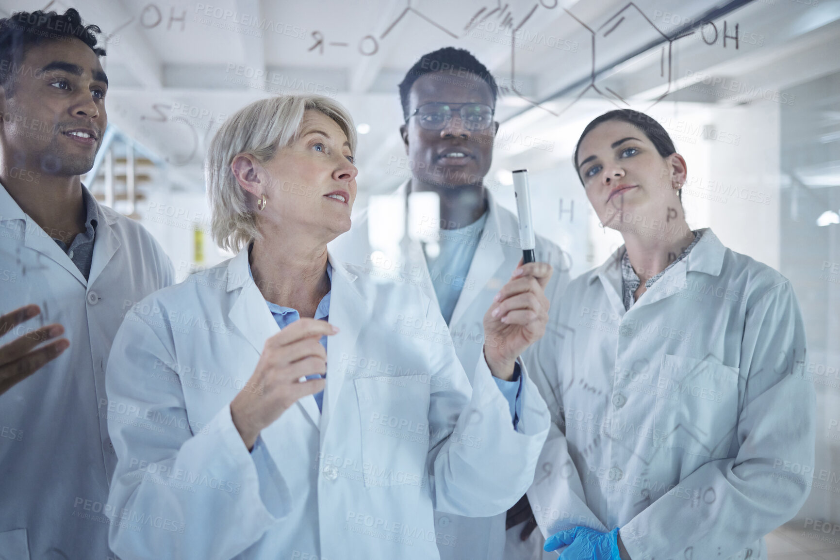 Buy stock photo Team, board and writing science formula, group and meeting with brainstorming, idea and planning with support, cooperation or cure. Glass, diversity or people with dna research, collaboration or talk