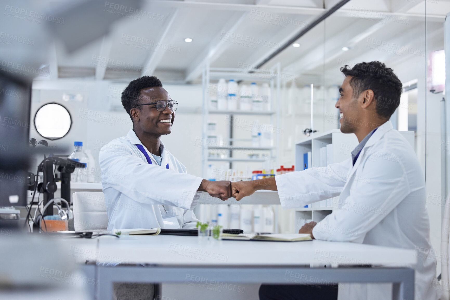 Buy stock photo Smile, fist bump and men in laboratory for celebration, deal success or onboarding welcome. Teamwork, medical research and scientist in partnership, collaboration or introduction for happy doctors.
