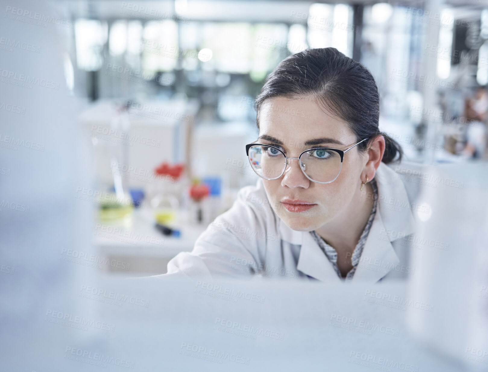 Buy stock photo Woman, medical research and lab thinking for vial discovery or future vaccine, review or health technology. Female person, glasses in study breakthrough or antibiotic, help results or innovation idea