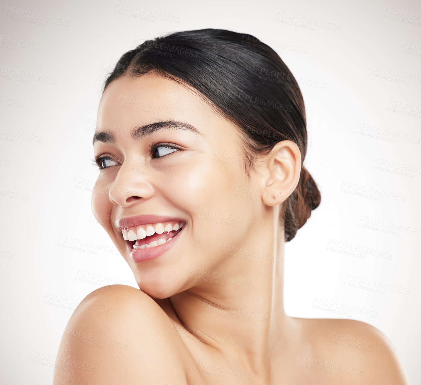 Buy stock photo Young cheerful beautiful mixed race woman posing against a grey studio background. Confident hispanic female posing against a background