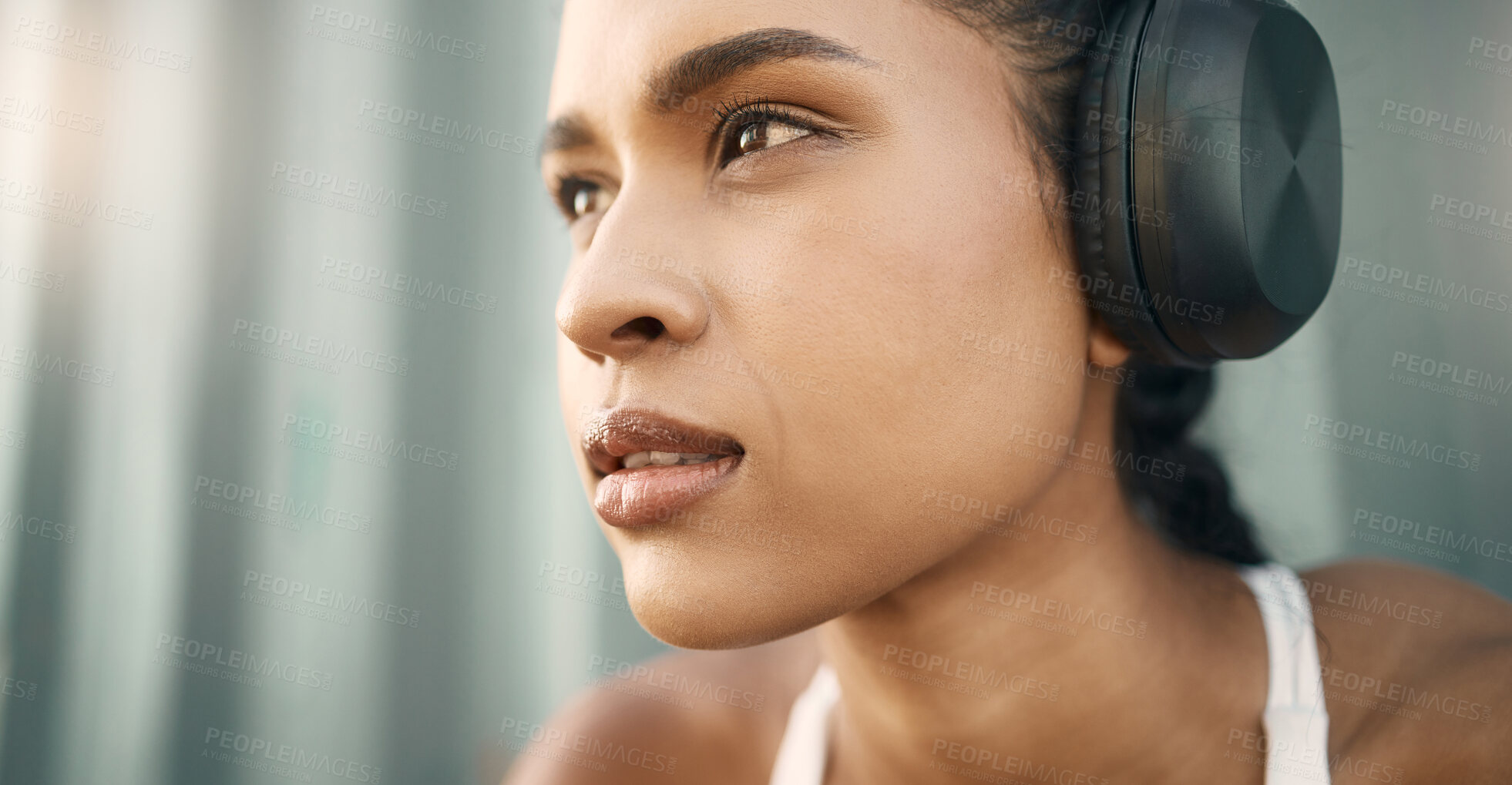 Buy stock photo Headphones, woman thinking or runner listening to music to start training, workout or exercise in city. Face, resting break or healthy sports girl athlete streaming radio or fitness podcast to relax