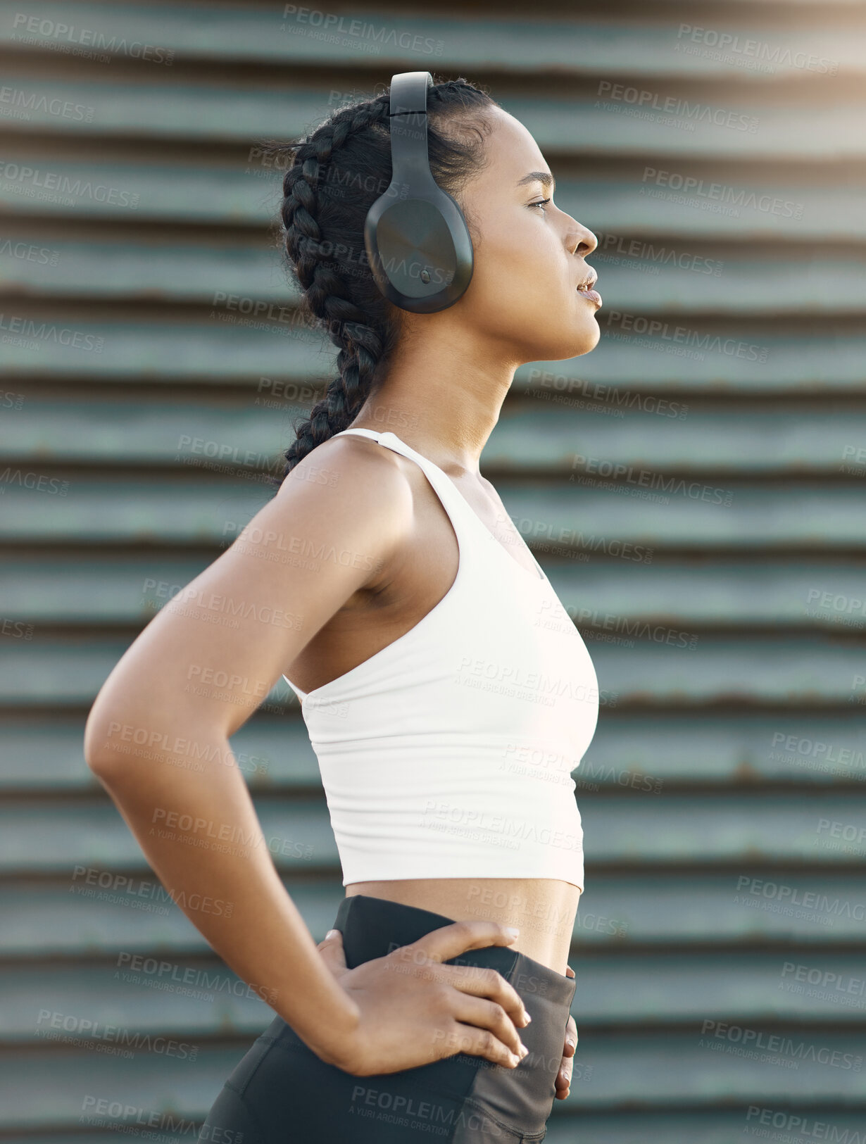 Buy stock photo Headphones, tired woman or runner thinking of training, workout or exercise goal on break in city. Relax, resting or thoughtful sports girl athlete streaming radio music or fitness podcast to relax 