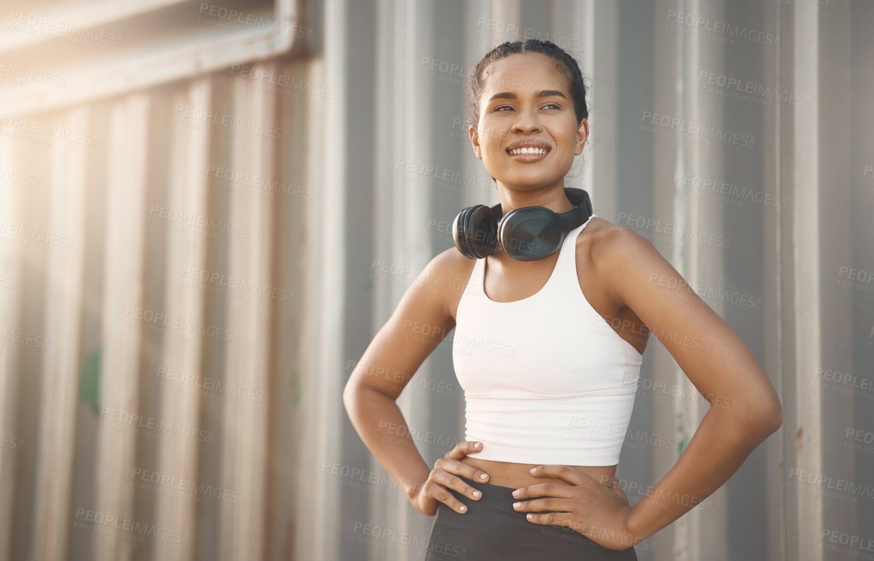 Buy stock photo Fitness, woman with headphones and training with lens flare happy. Exercise or workout, motivation or healthy lifestyle and African female athlete pose in sportswear for health wellness