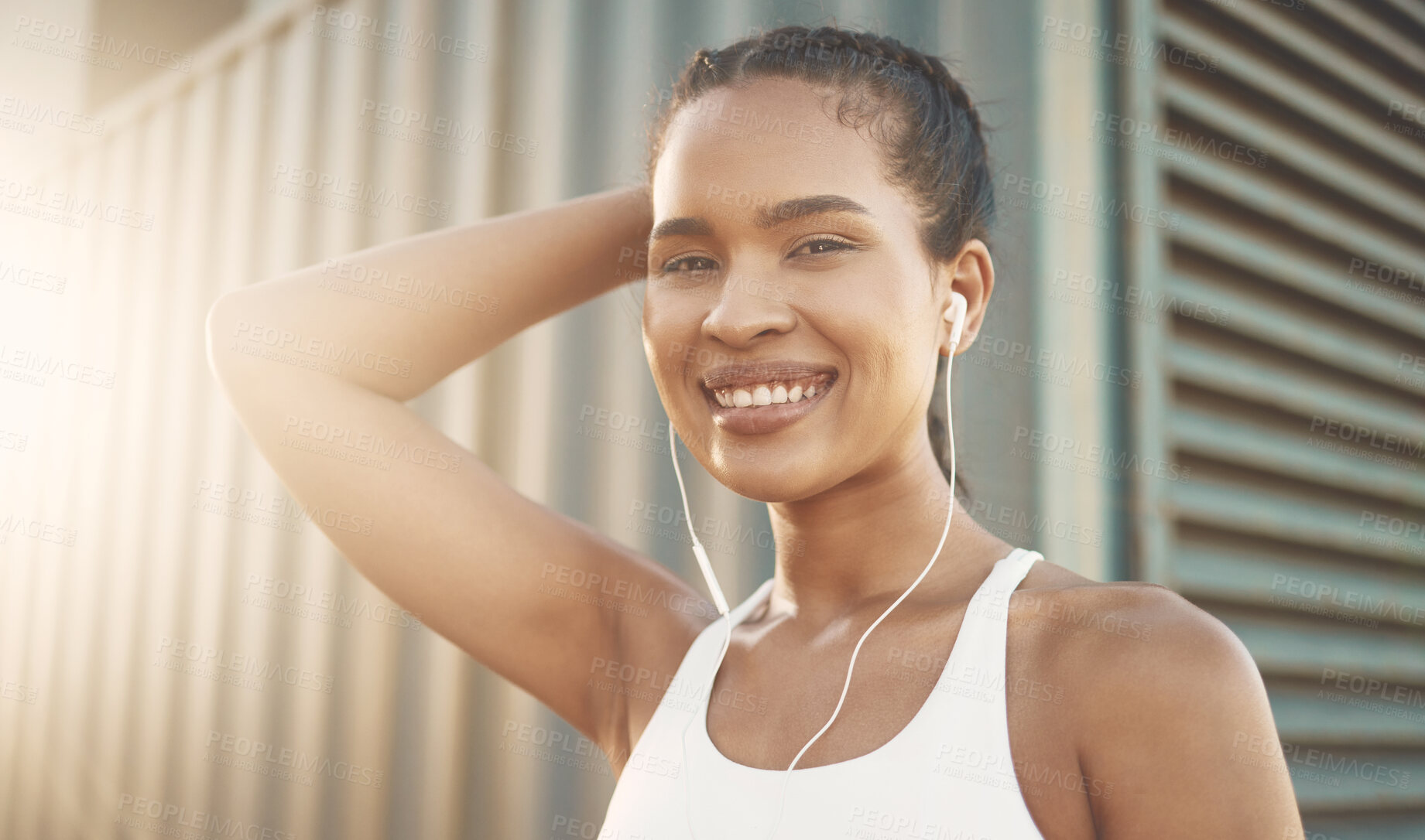Buy stock photo Earphones, portrait or happy girl runner streaming music to start training, workout or exercise in city. Resting, break or healthy sports woman athlete listening to radio or fitness podcast to relax