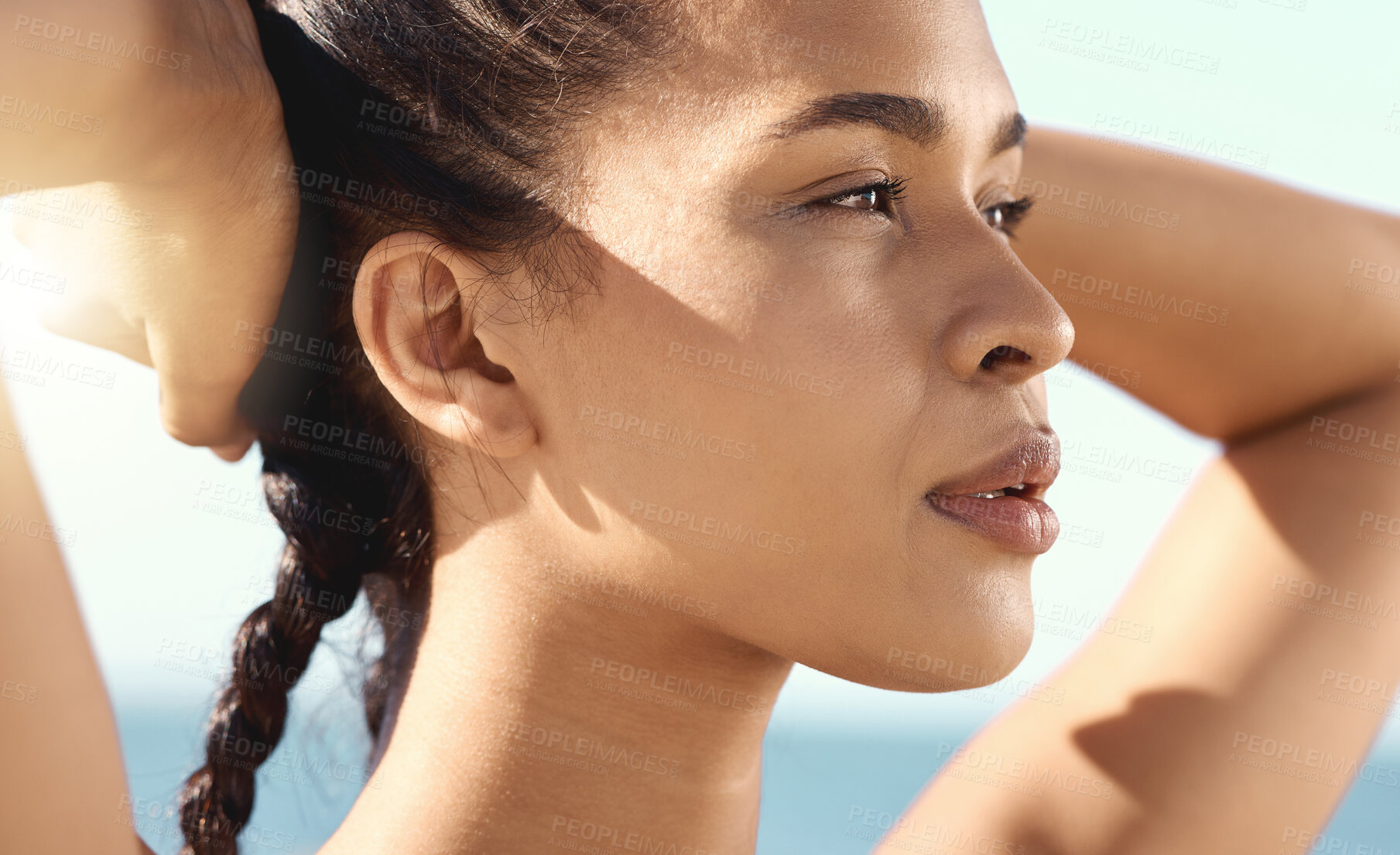 Buy stock photo Relax, outdoor and woman with fitness, breathing and workout goal with exercise, focus and mindset. Female person, girl and athlete with rest, breath and energy with wellness, health and motivation