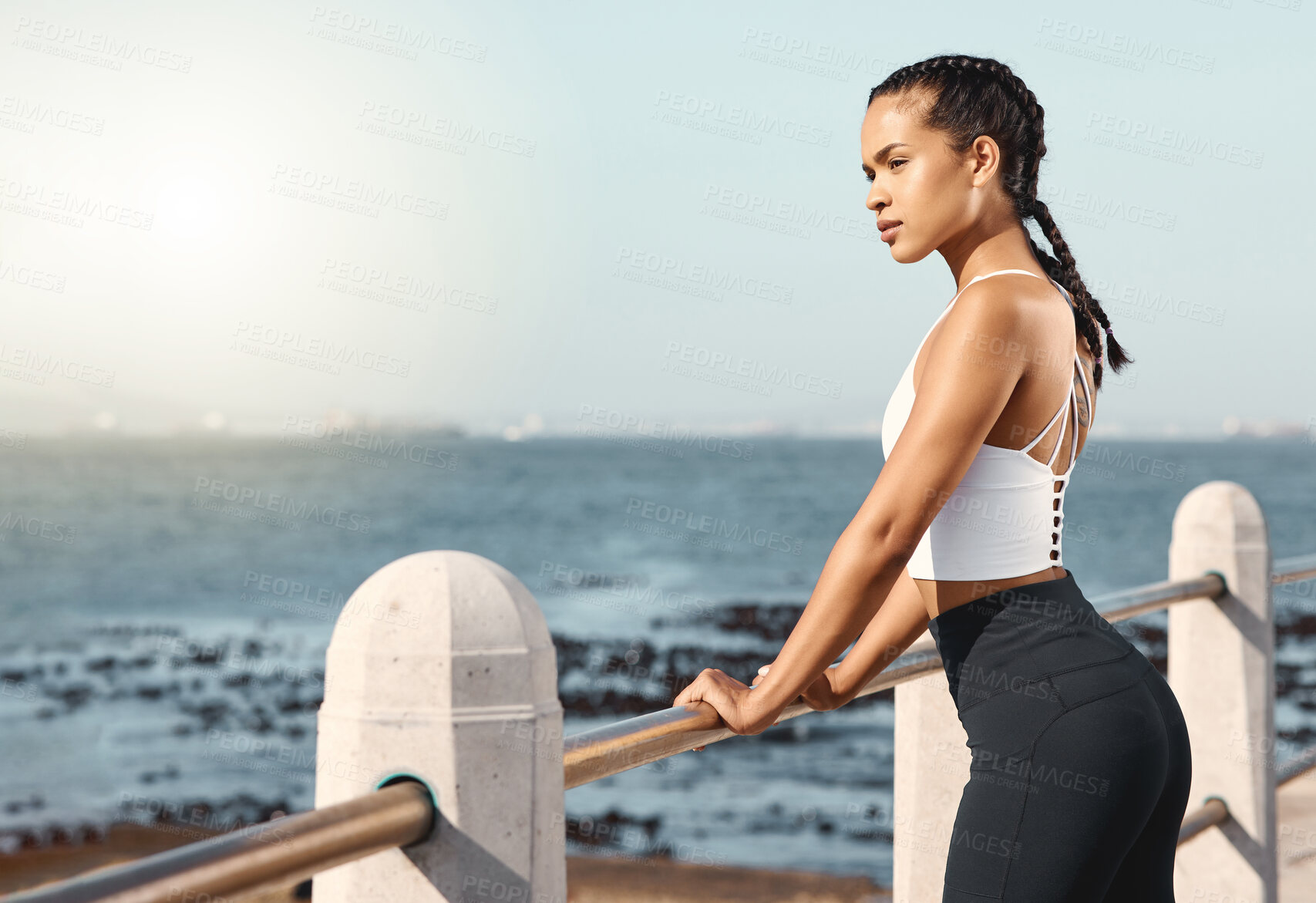 Buy stock photo Fitness, thinking and running with woman at beach for health, cardio or workout. Wellness, exercise and idea with female runner in outdoors for calm, training and sports with blue sky mockup or space