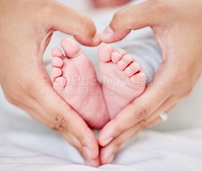 Buy stock photo Mother, baby and feet with heart hands for love and care or security with rest or comfort and peace. A woman and infant child toes in shape of a mom for safety in family home for growth and insurance